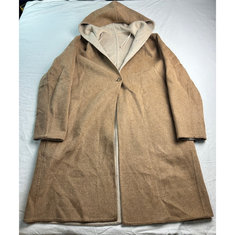 Uniqlo Women Camel Tan Wool Blend Hooded Coat Single Button 212-420227 Small